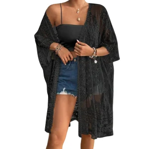 kimono dentelle noir manches 3/4