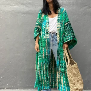 kimono de plage vert tie dye avec ceinture