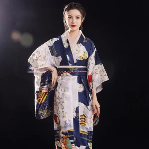 kimono japonais femme élégant bleu foncé