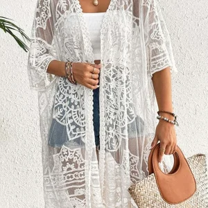 kimono dentelle blanc manches 3/4