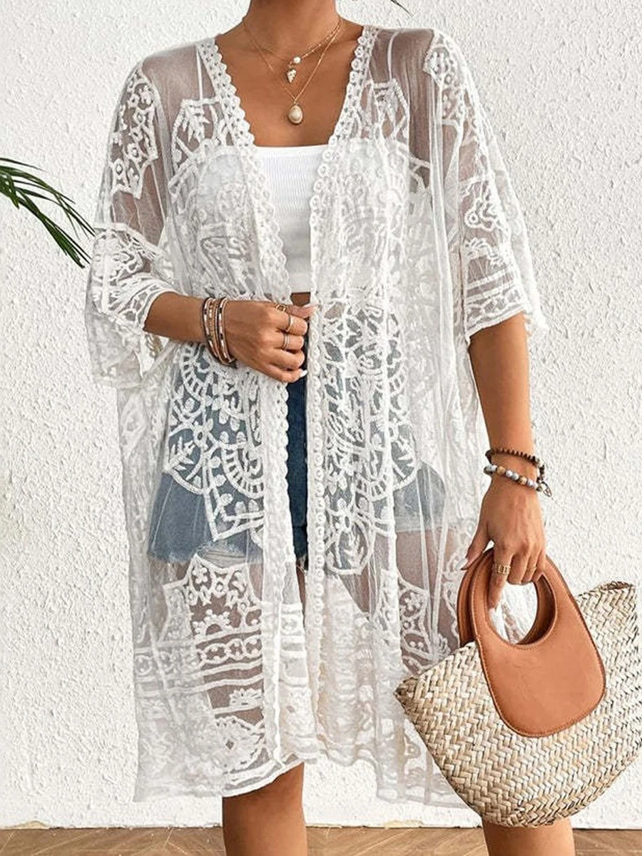 kimono dentelle blanc manches 3/4