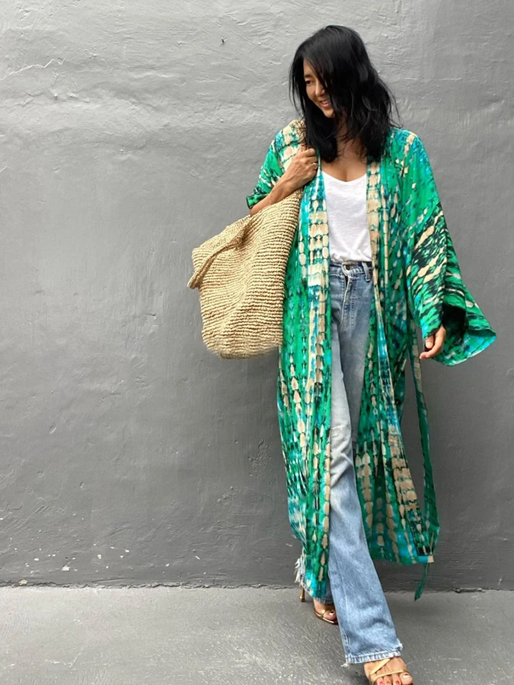 kimono de plage vert avec ceinture