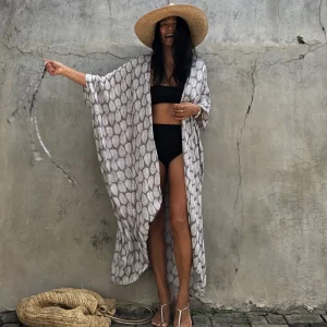 kimono de plage léger gris feuille