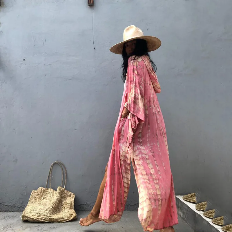 kimono long à capuche rose