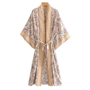 Kimono Long Femme | Yukata Beige À Fleurs