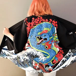 Veste Kimono Court Femme | Haori Dragon Bleu