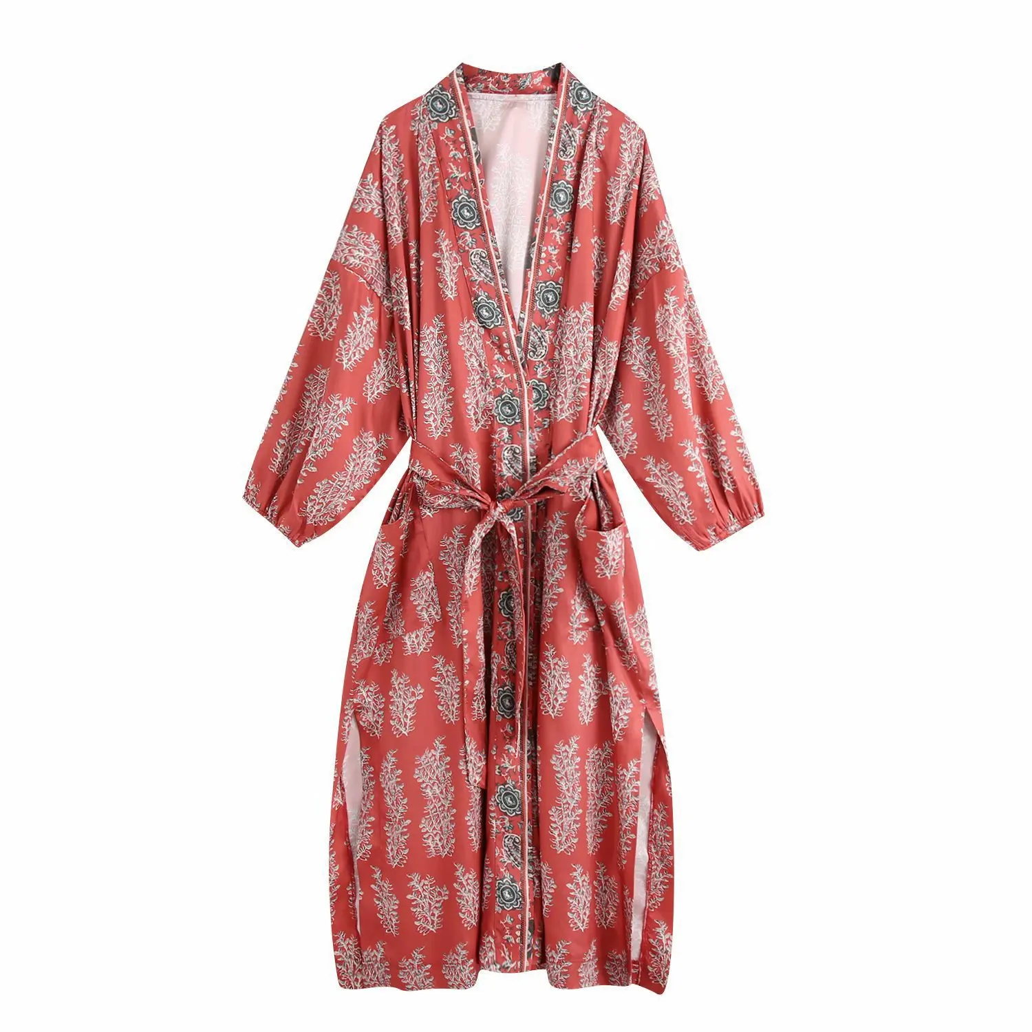 kimono chic long femme en tissu léger rouge