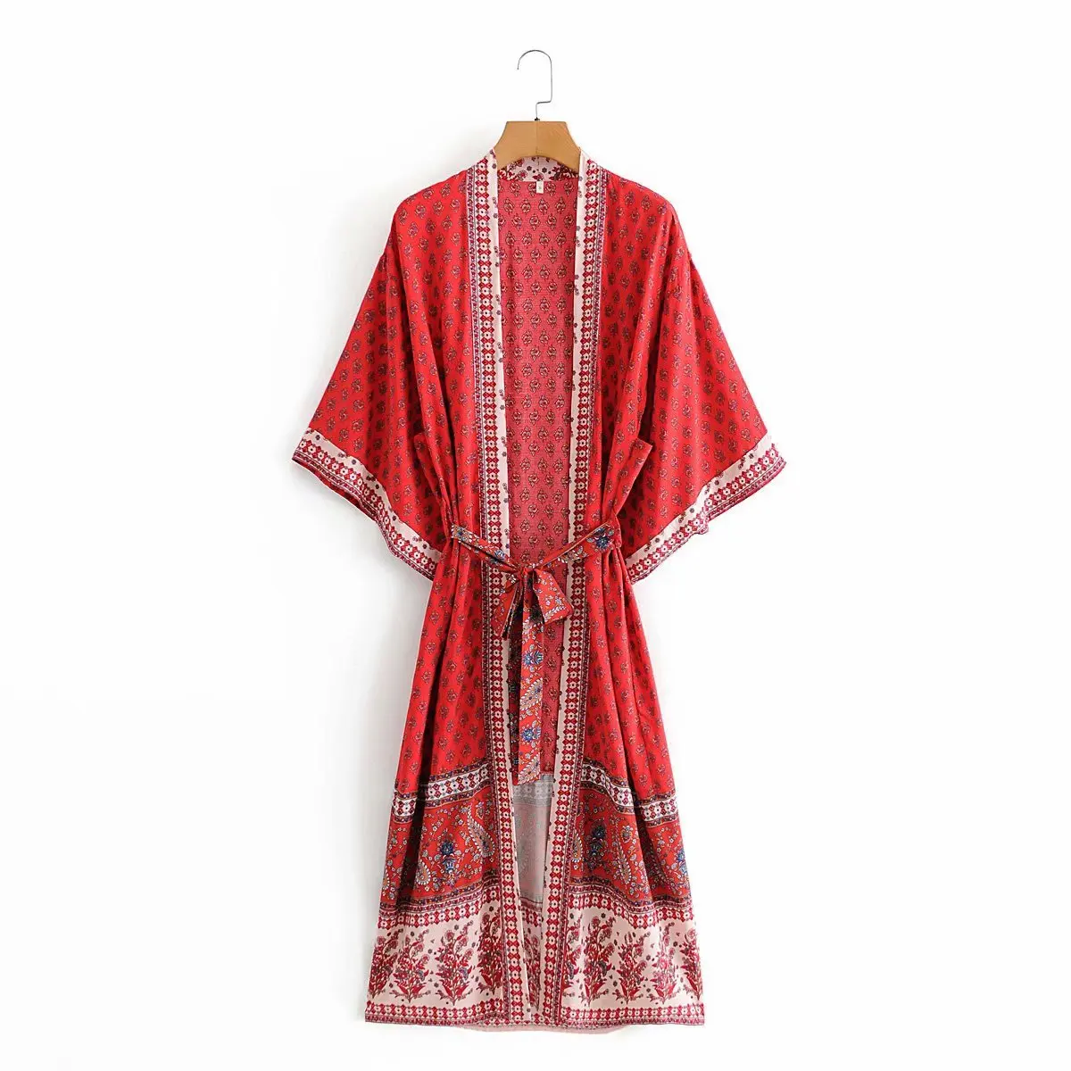 kimono long femme rouge à motifs bohèmes