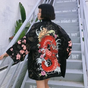 Veste Kimono Court Femme | Haori Noir Dragon