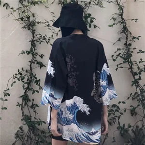 Veste Kimono Court Femme | Haori Noir Vague