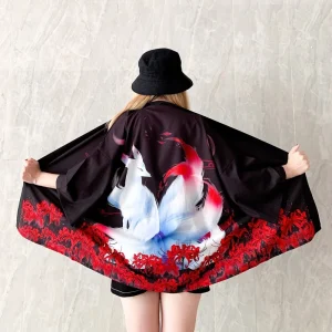Veste Kimono Court Femme |haori Flammes Blanches