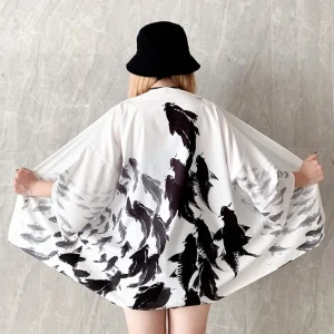 Veste Kimono Court Femme | Haori Poisson Noir