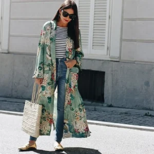 Kimono Long Femme | Yukata Fleurie Verte