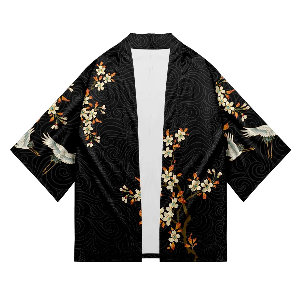 kimono noir pour enfant fille avec motif grue et lune