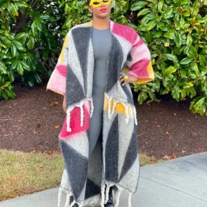 Manteau Kimono Oversize Rose Et Gris