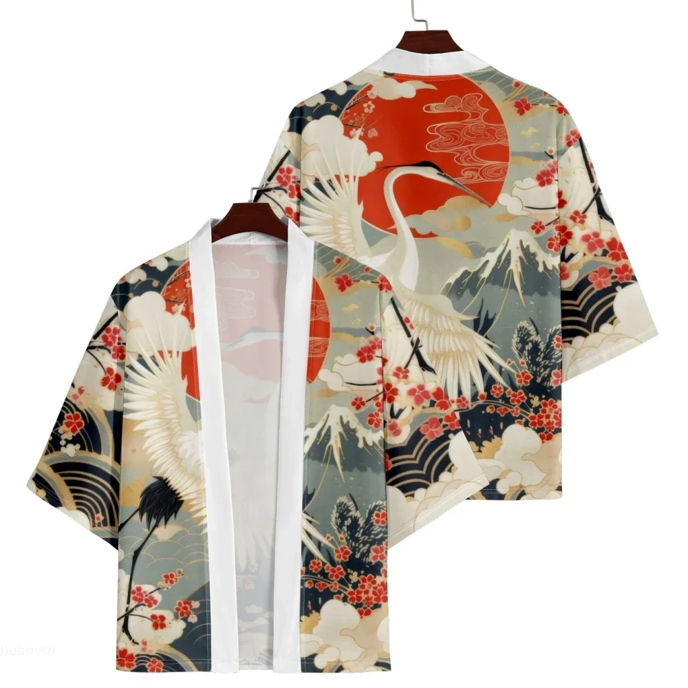 veste kimono homme haori rouge avec motif cicogne