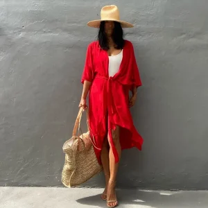 Robe De Plage Kimono Unie | Rouge