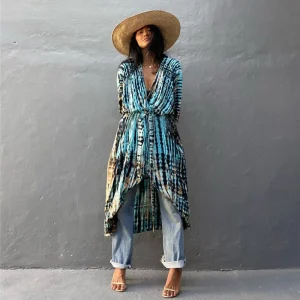 Kimono Long Femme Yukata Bleu Tie-dye