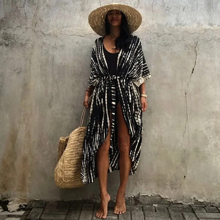 Kimono De Plage Noir Avec Ceinture