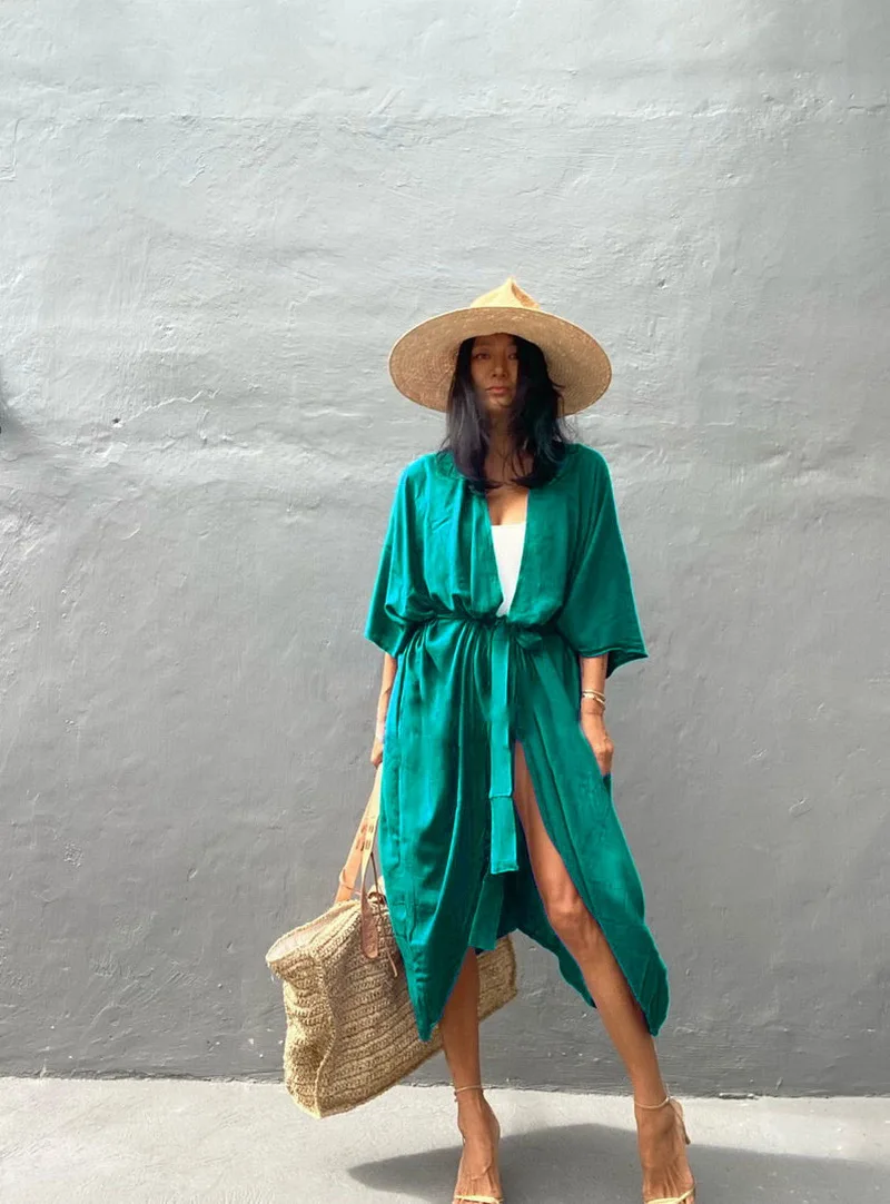 robe de plage kimono vert unie