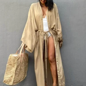 Kimono Long Femme Uni Beige