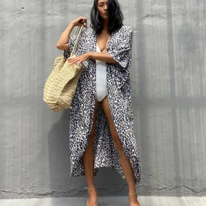 Kimono De Plage Noir À Imprimé Léopard