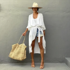 Robe De Plage Kimono Unie | Blanche