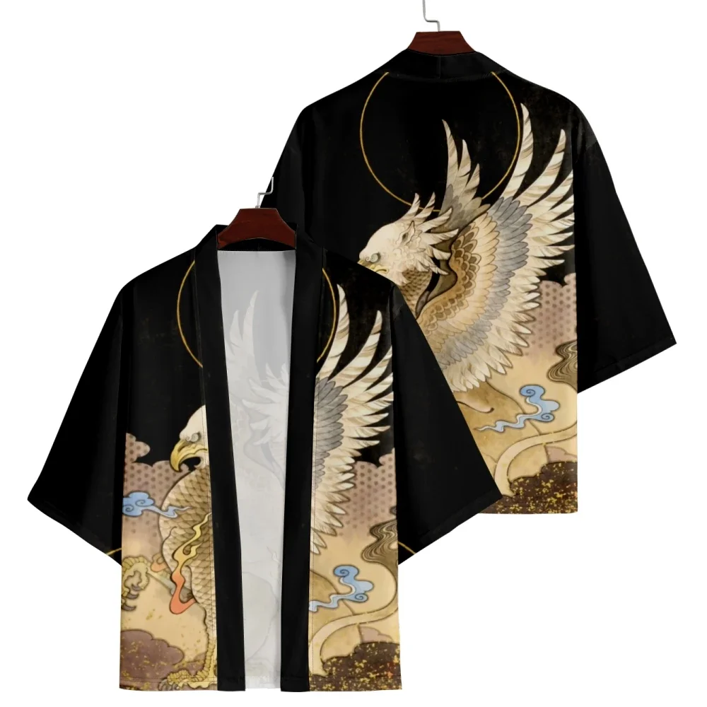 veste kimono pour homme en noir avec motif faucon