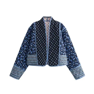 Veste Kimono Matelassée Femme - Patchwork Bleu