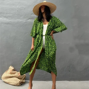 Kimono De Plage Vert Fluo À Imprimé Léopard