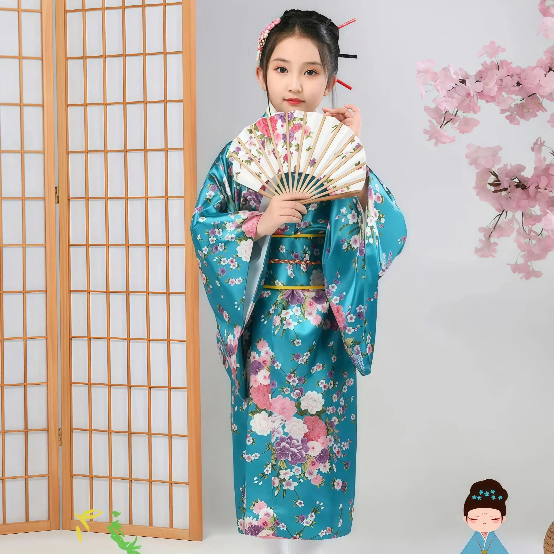 Kimono Japonais Fille Yukata | Bleu Ciel