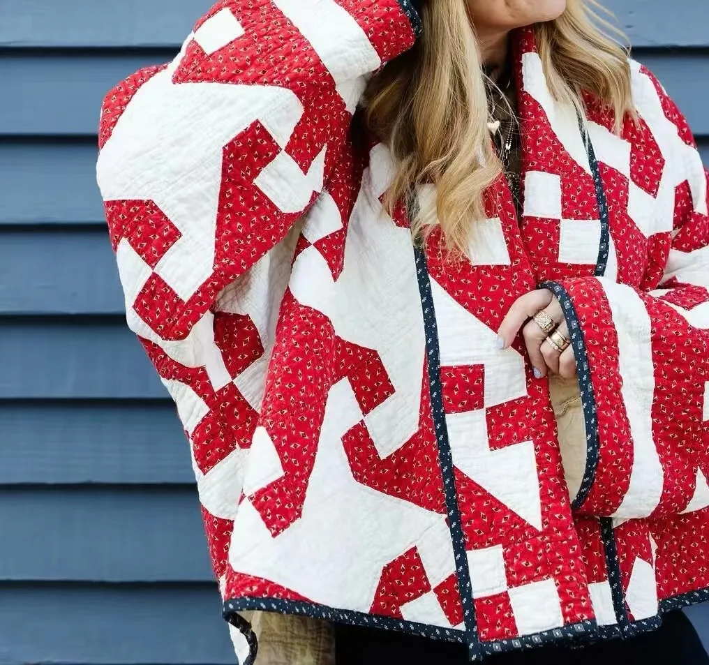 Veste Kimono Matelassée Rétro Rouge