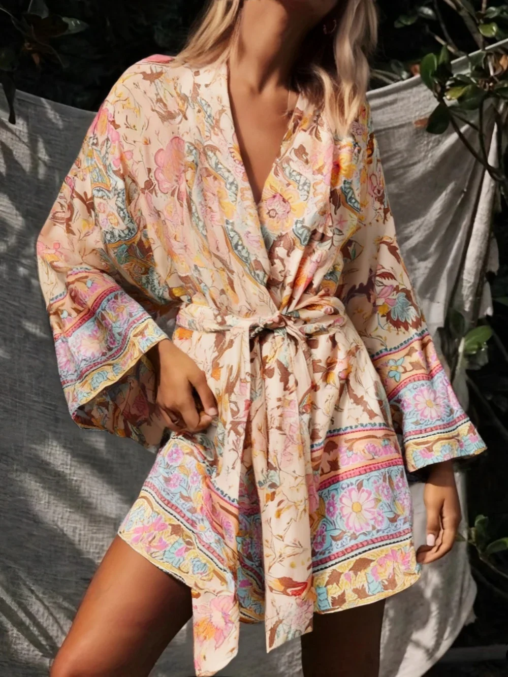 kimono court femme en tissu beige