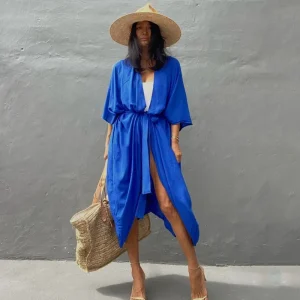 Robe De Plage Kimono Unie | Bleu Royal