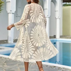 Kimono De Plage En Dentelle Beige