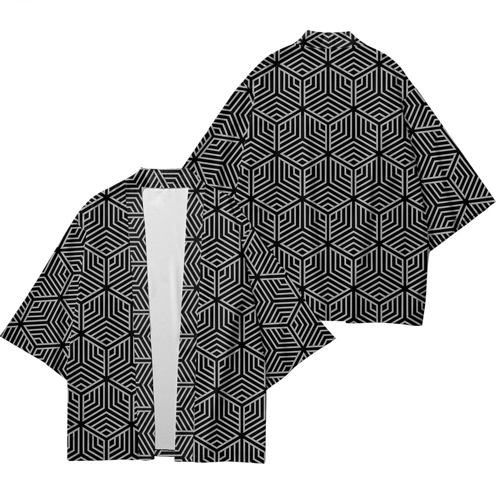 veste enfant style kimono en tissu noir à motifs géométriques