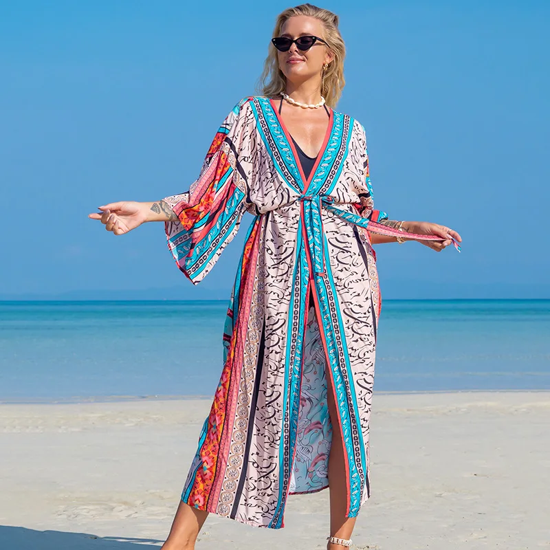 kimono de plage chic avec impression oiseaux tropicaux