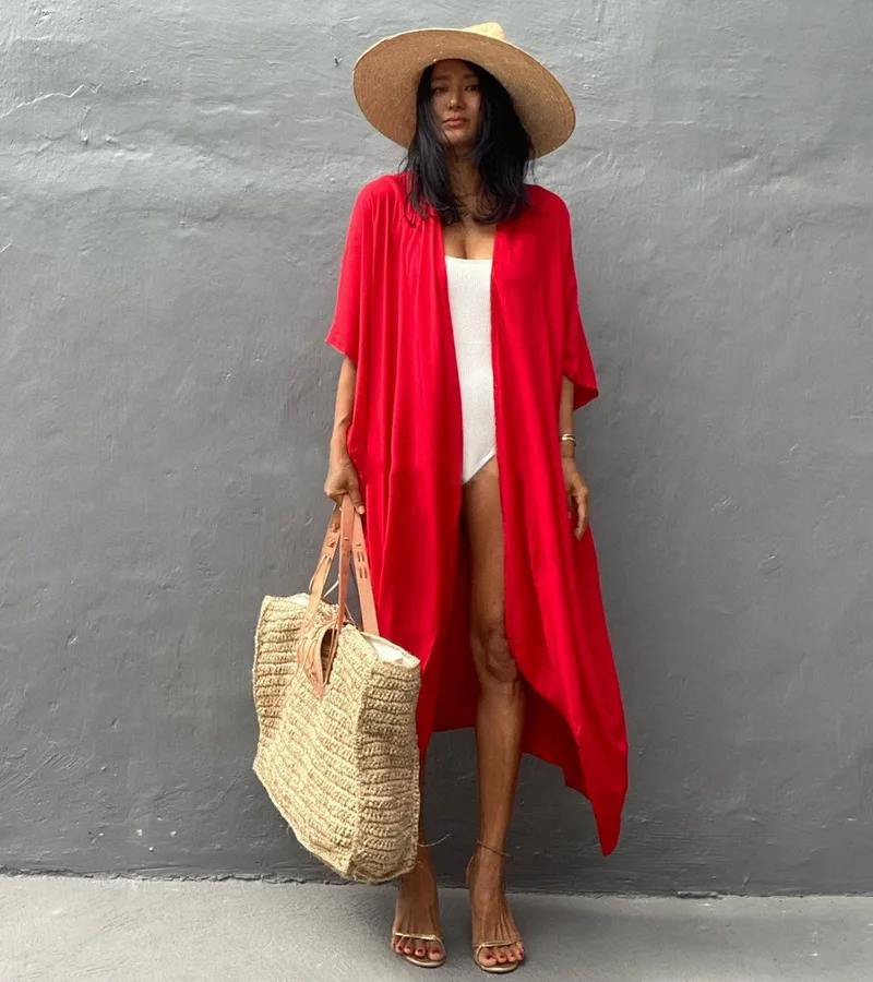 kimono de plage rouge uni