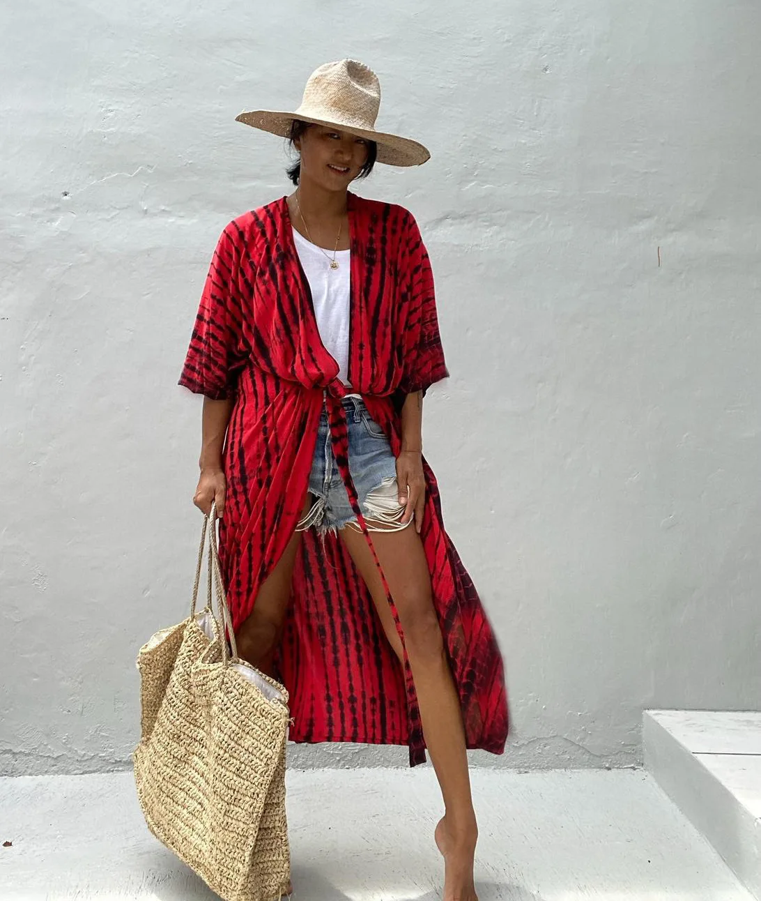 kimono long femme en shibori rouge