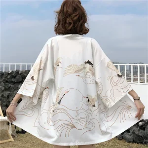 Kimono Femme Court | Haori Grue Blanche