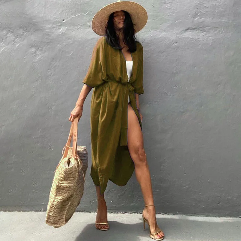 Robe De Plage Kimono Unie | Vert Militaire