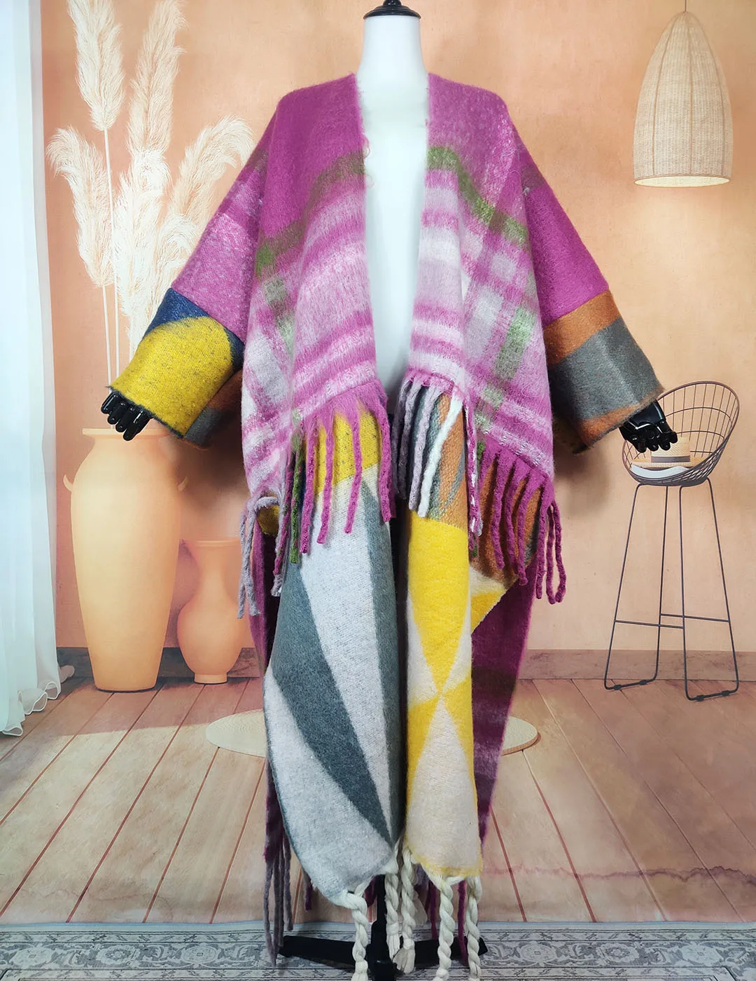 Manteau Kimono Oversize Rose Et Jaune