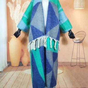 Manteau Kimono Oversize Bleu Et Vert