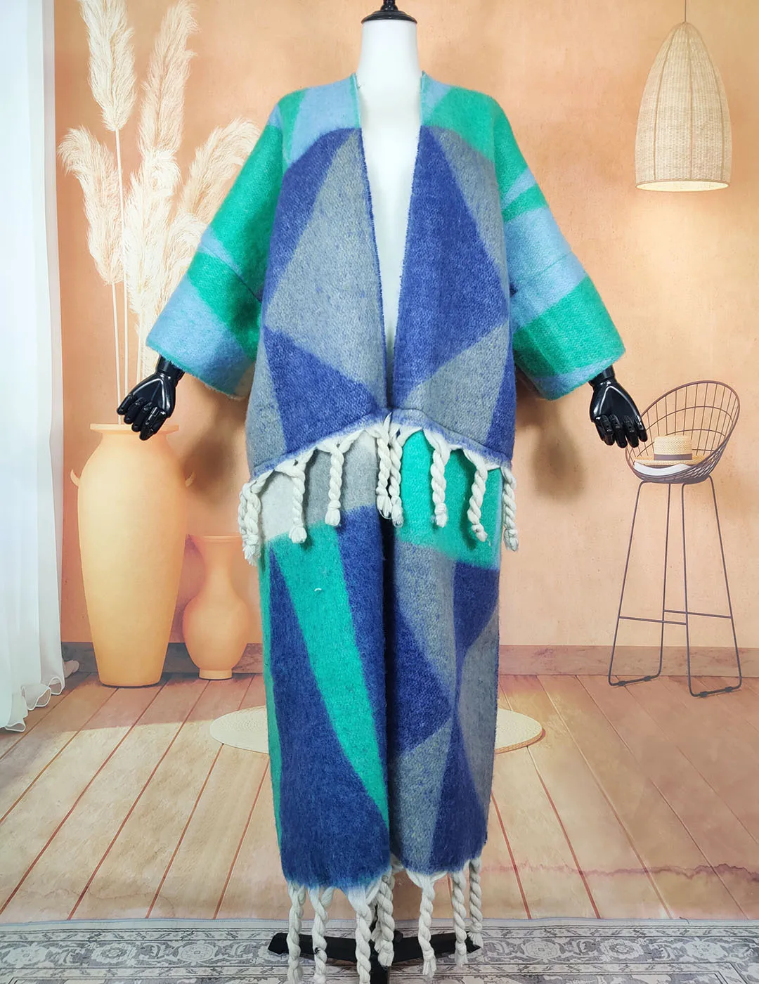 Manteau Kimono Oversize Bleu Et Vert