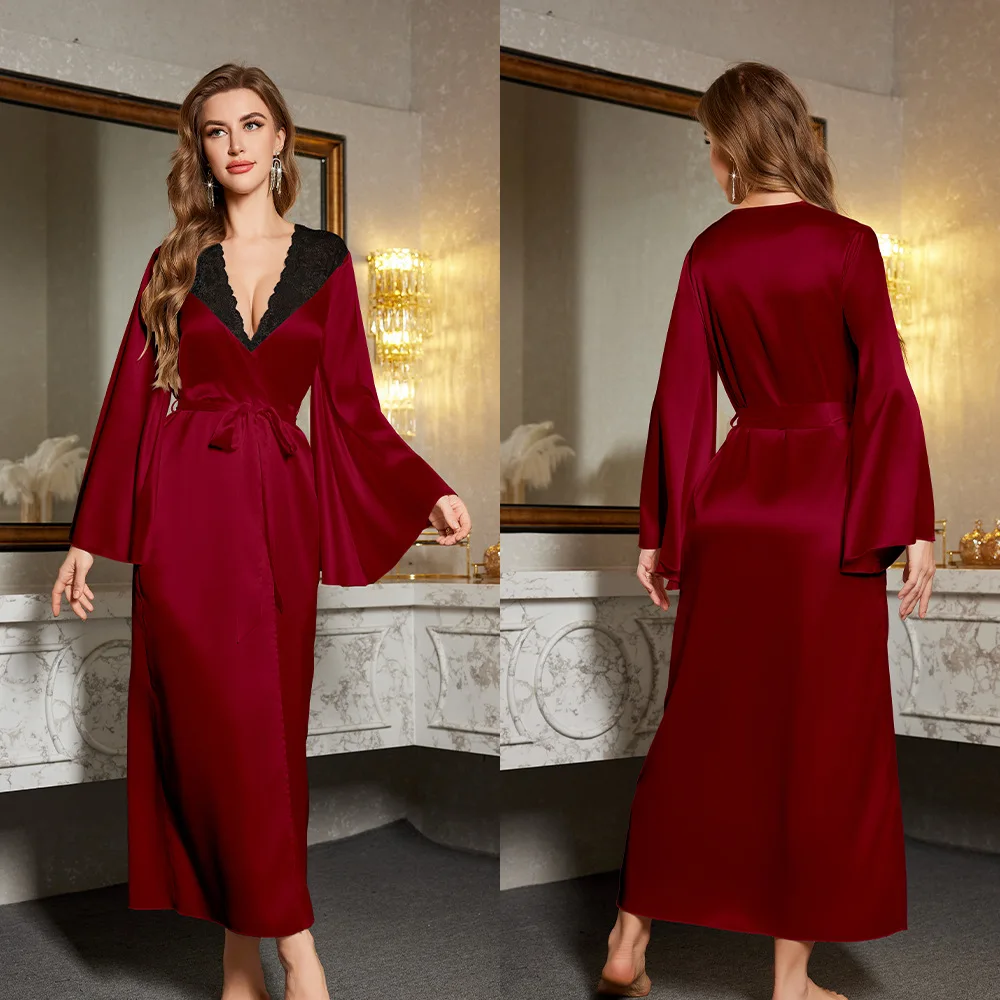 peignoir kimono rouge femme avec col en dentelle