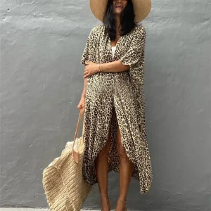 Kimono De Plage Beige À Imprimé Léopard