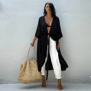 Robe De Plage Kimono Unie | Noir