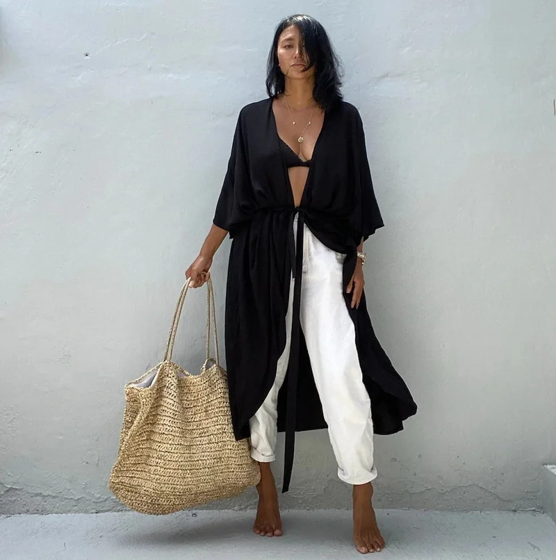 Robe De Plage Kimono Unie | Noir