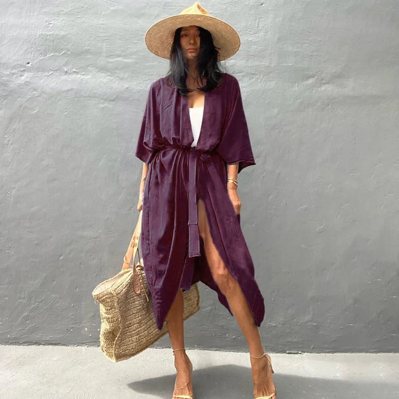 Robe Kimono De Plage Unie | Violet